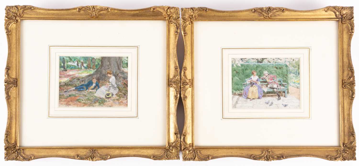 Frank Dadd ROI (1851-1929), a pair of miniature watercolours, 'A Love Story' and 'A Stitch in Time',