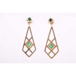 A pair of emerald-set earrings,each collet-set square-cut emerald suspending a geometric and pierced