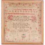 A 19th-century child's needlework sampler, by 'Charlotte Webster, Aged 7 Years, 1845', 40 cm x 38 cm