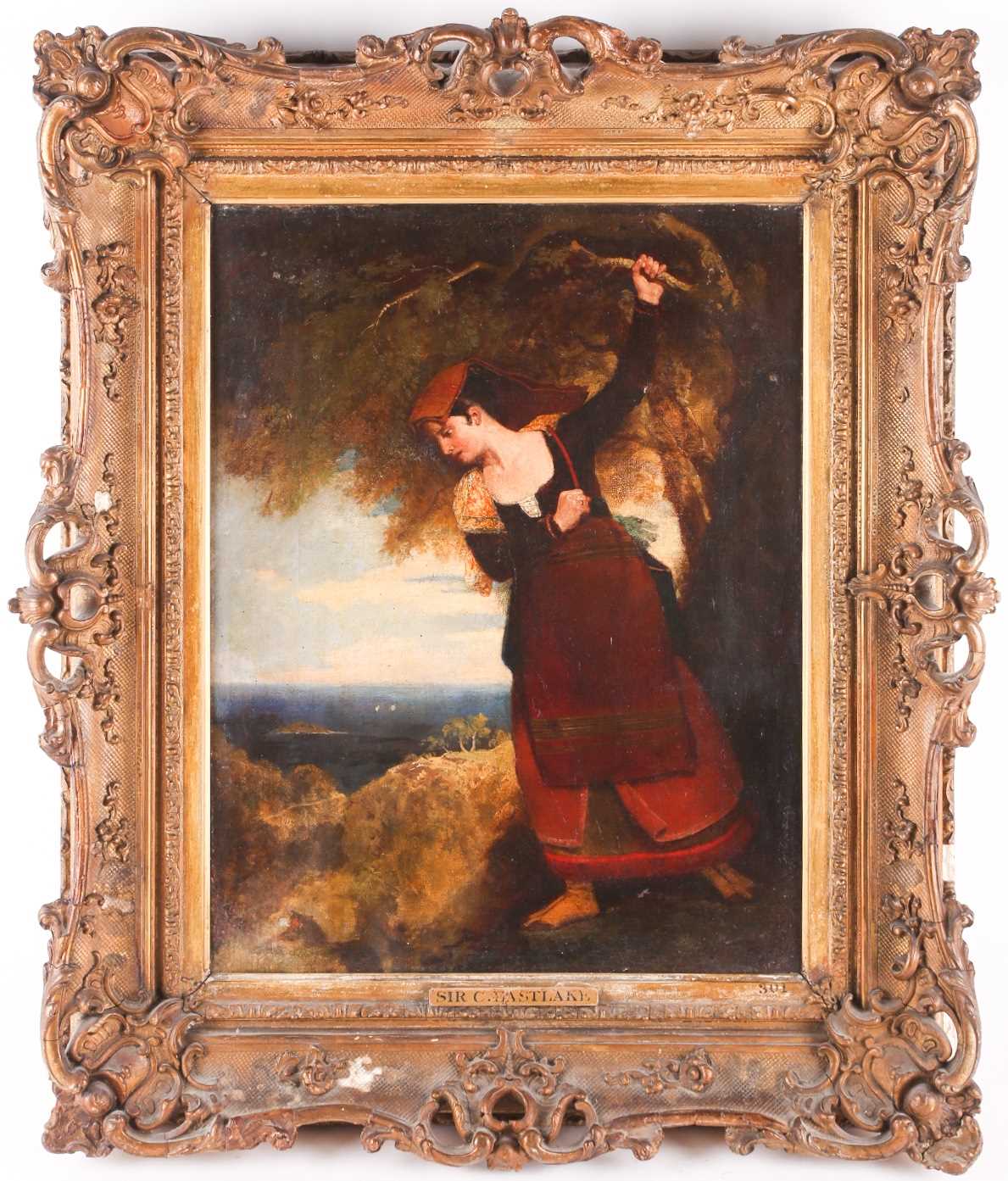 Attributed to Sir Charles Eastlake (1793-1865), study of a woman in a coastal landscape, oil on