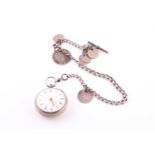 A pocket watch The 45mm circular white dial with Roman numerals, mounted in silver, stamped with