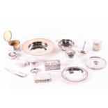 A mixed group of small silver and white metal items, to include pill boxes, an Armada style dish,