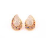 A pair of multi-coloured paste earrings; set in yellow metal; the oblique pear-shaped plaqueswith