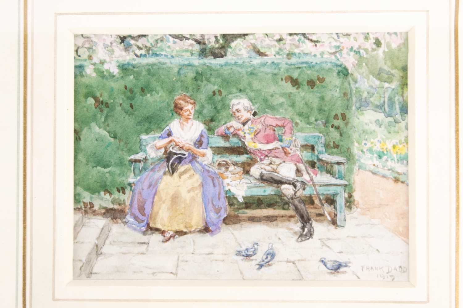 Frank Dadd ROI (1851-1929), a pair of miniature watercolours, 'A Love Story' and 'A Stitch in Time', - Image 3 of 4