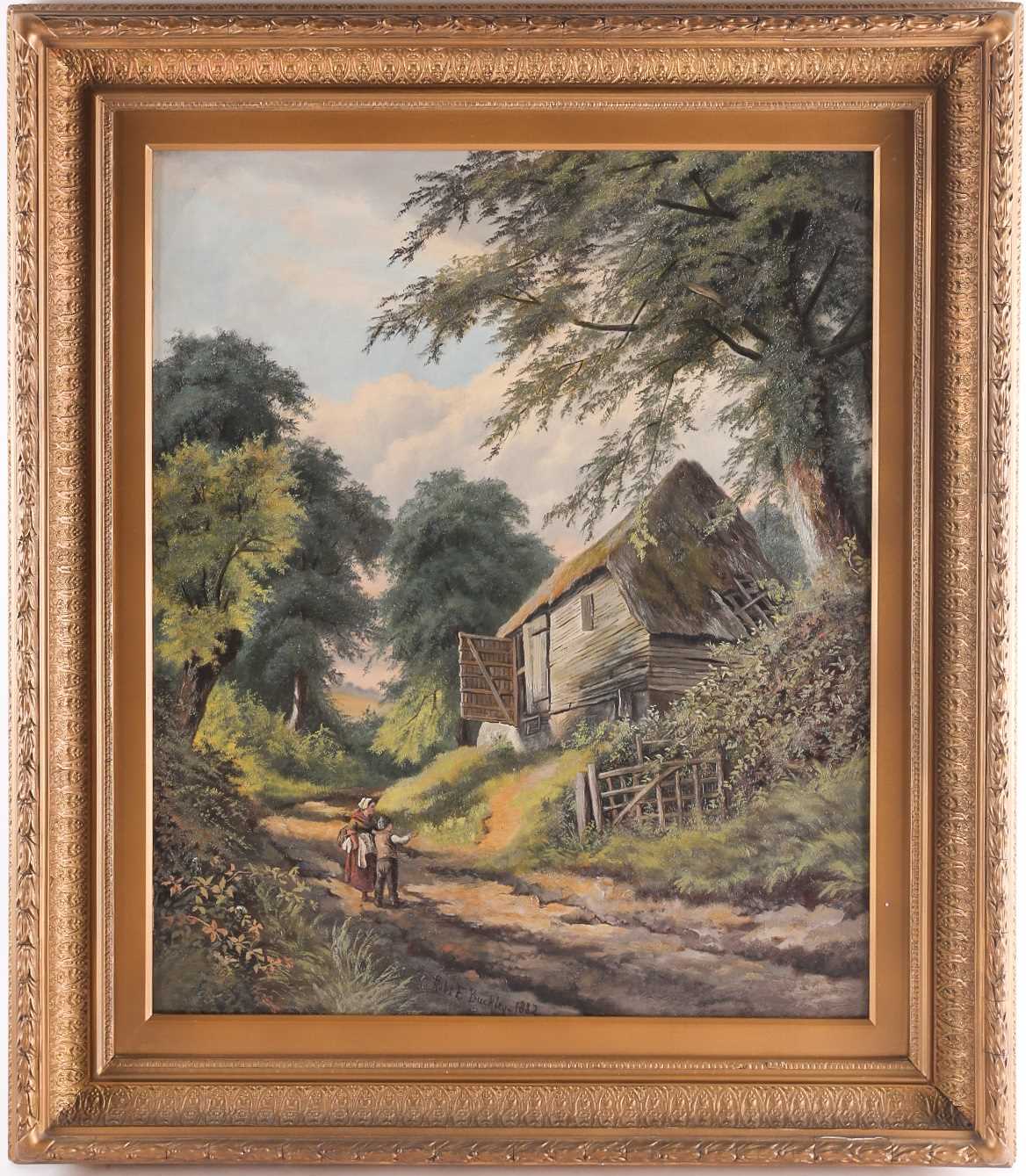 Robert E Buckley (19th century), figures before a barn, oil on canvas, 59 cm x 50 cm in a gilt