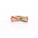 A rainbow ring Of crossover design, set with circular colourless gems and square-cut vari-coloured
