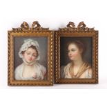 After J B Greuze, 'L'accordee de village' & 'Suzon', pastel portraits of young ladies, in gilt