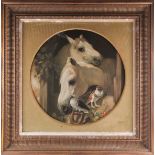 After John Frederick Herring (1795-1865), 'Stable Companions', a circular oleograph on canvas, 49 cm