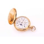 An 18k gold cased repeater chronograph full hunter pocket watch, the white enamel dial with Roman