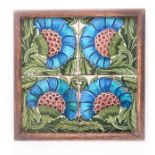 A set of four William de Morgan BBB 6" tiles, late 19th century, contained in an oak frame (one tile