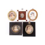 A group of five assorted framed portrait miniatures, late 19th century and later, to include one