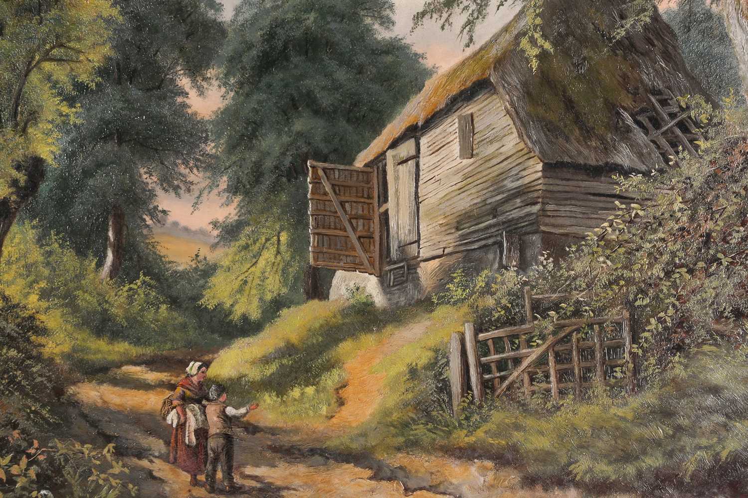 Robert E Buckley (19th century), figures before a barn, oil on canvas, 59 cm x 50 cm in a gilt - Image 3 of 5