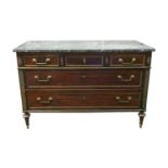 A French empire period 'Directoire' marble-topped mahogany commode, fitted three short over two long