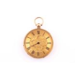A lady's late 19th century, Swiss yellow metal open faced pocket watch; engine-turned and foliate