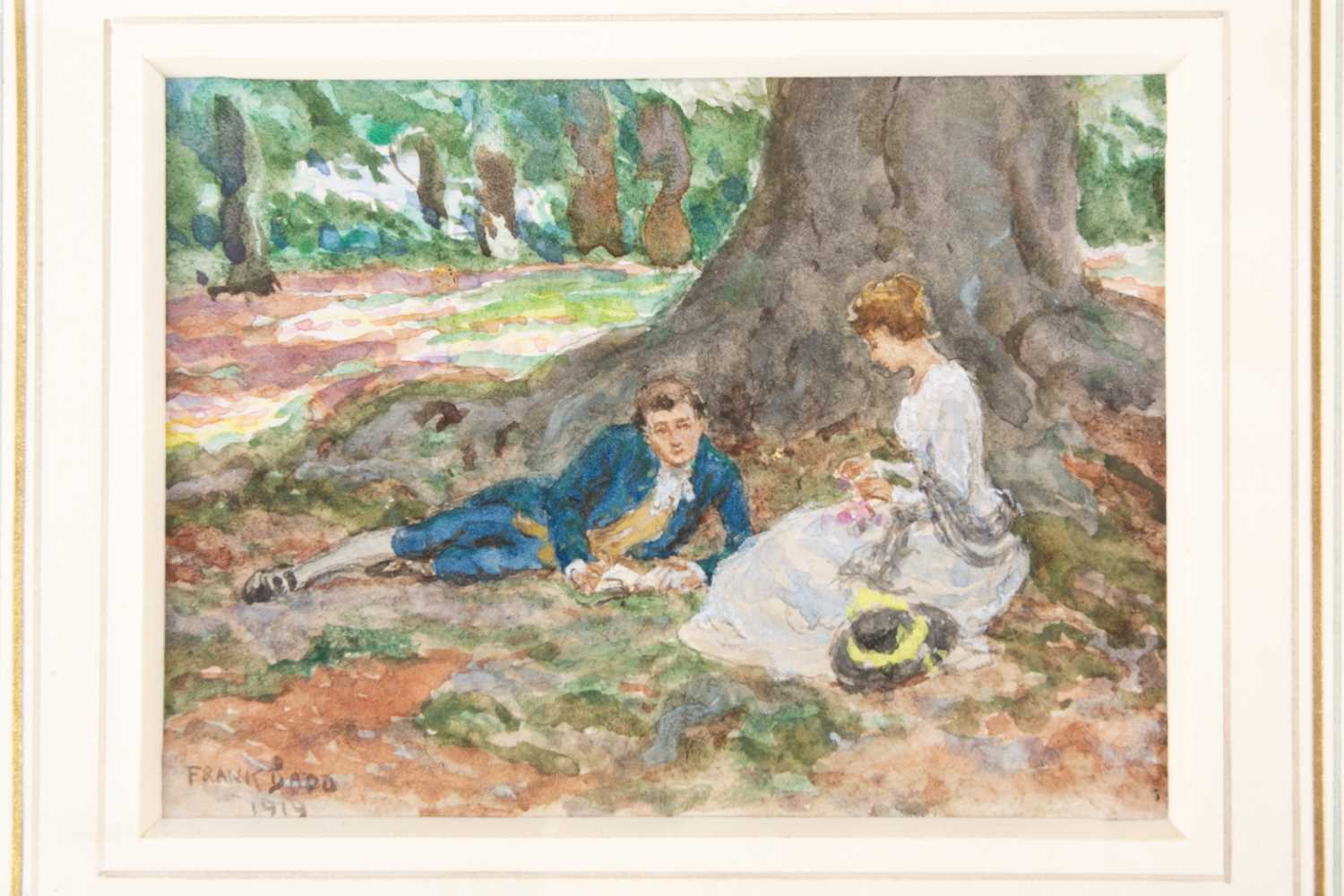 Frank Dadd ROI (1851-1929), a pair of miniature watercolours, 'A Love Story' and 'A Stitch in Time', - Image 4 of 4