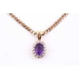An amethyst and diamond cluster pendant, the oval mixed-cut amethyst with fourteen eight-cut diamond