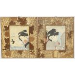 Paar japanische Farbholzschnitte. Darstellung von Damen. Je kalligraphisch bez. Wohl b