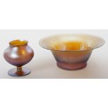 Runde Schale und Vase, WMF. Bernsteinfarben bis violett lüstrierendes Glas, so genann