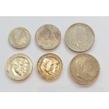Württemberg, Wilhelm II., Sammlung von sechs Silbermünzen: 1x 2 Mark; 2x 3 Mark und