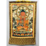 Großer Thangka. Verschiedene Buddhadarstellungen um zentrale große Darstellung des B
