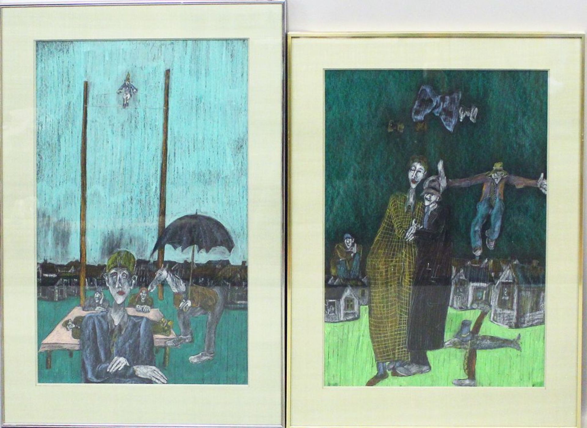 Unbekannter Künstler (um 1978) 2 abstrakte Arbeiten. Ölkreide/Papier, 1x mittig o. d