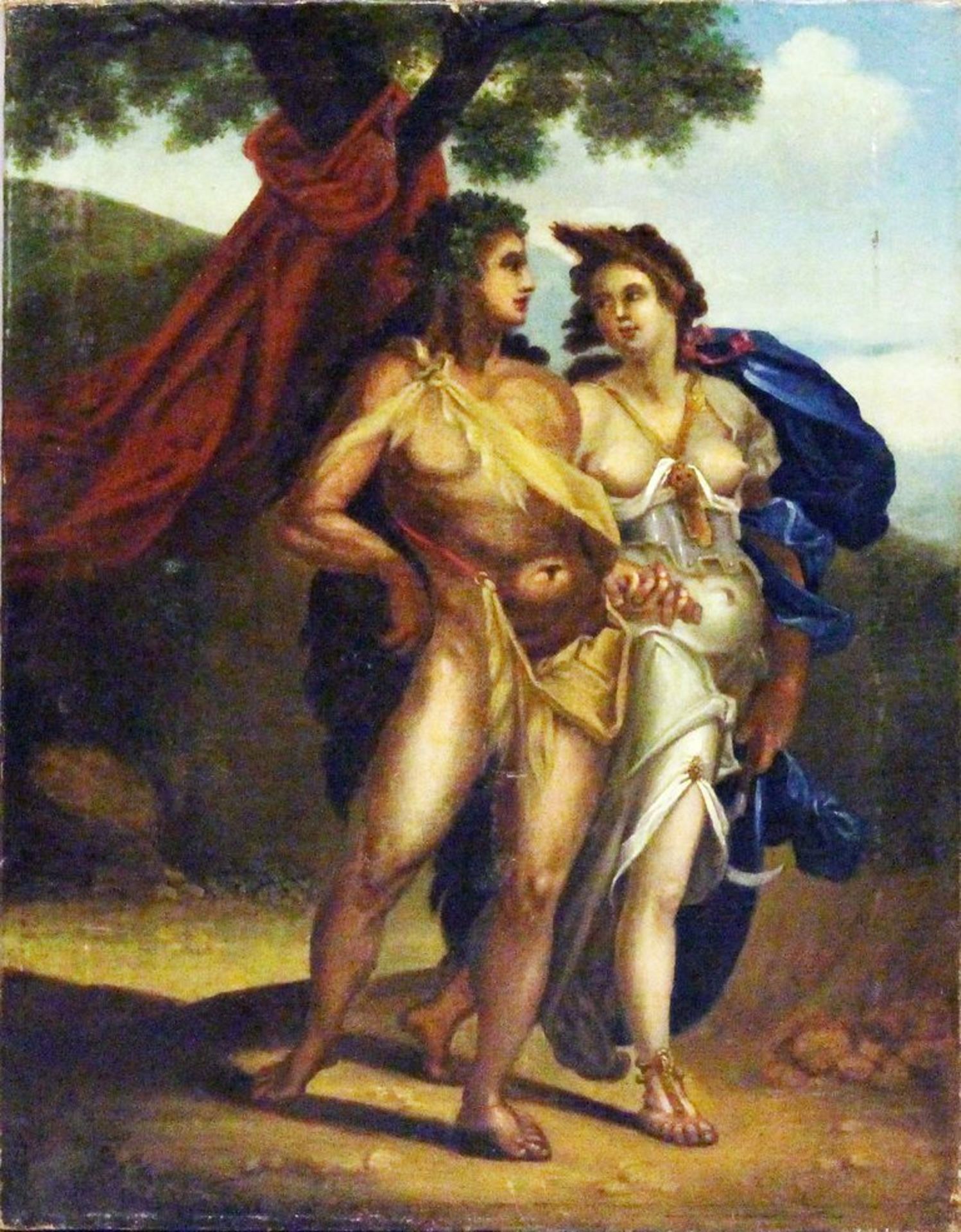 Unbekannter Maler (19. Jh.) Mythologische Darstellung mit Bacchus und Ariadne. Öl/Lwd
