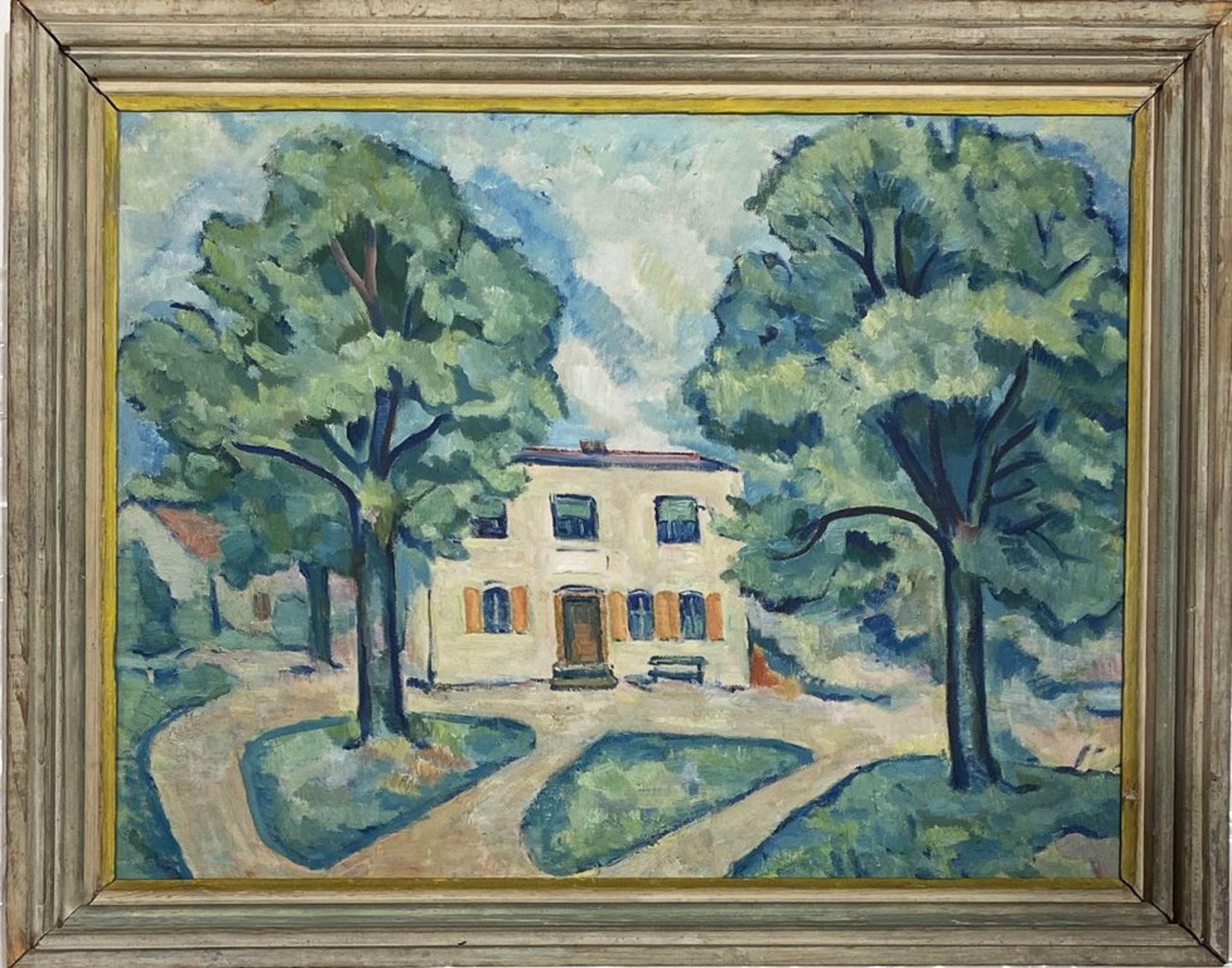 Unbekannter Maler (20. Jh.) Ansicht eines Hauses im Sommer. Öl/Lwd. (li. Rand kl. Loch). 52x 65