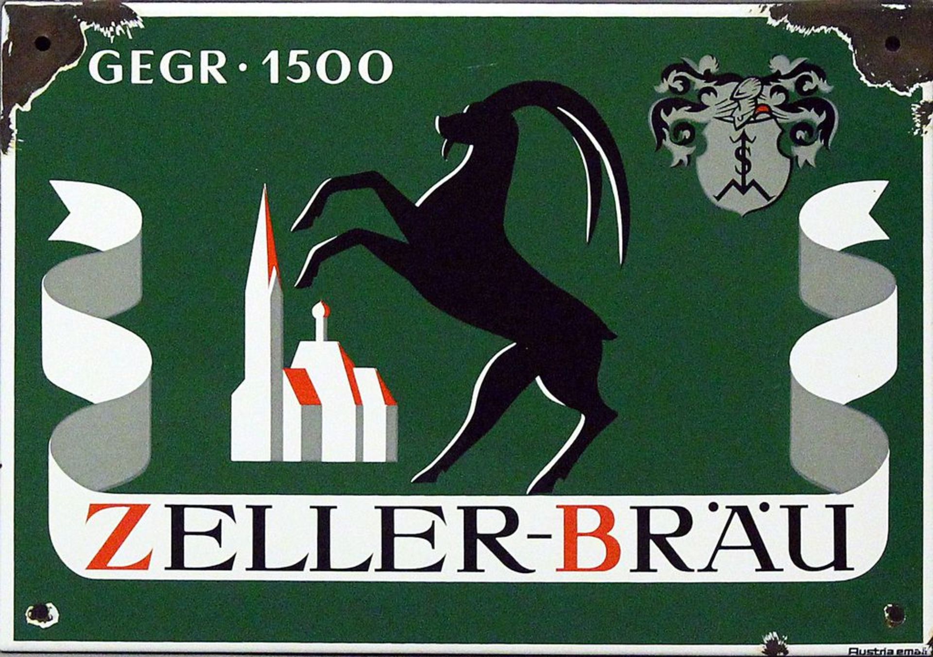 Emailschild "ZELLER-BRÄU gegr. 1500".