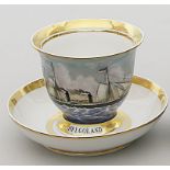 Ziertasse mit Untertasse, so genannte "Captains Cup". Tasse schauseitig mit bunt gemalter