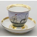 Ziertasse mit Untertasse, so genannte "Captains Cup". Tasse schauseitig mit bunt gemalter