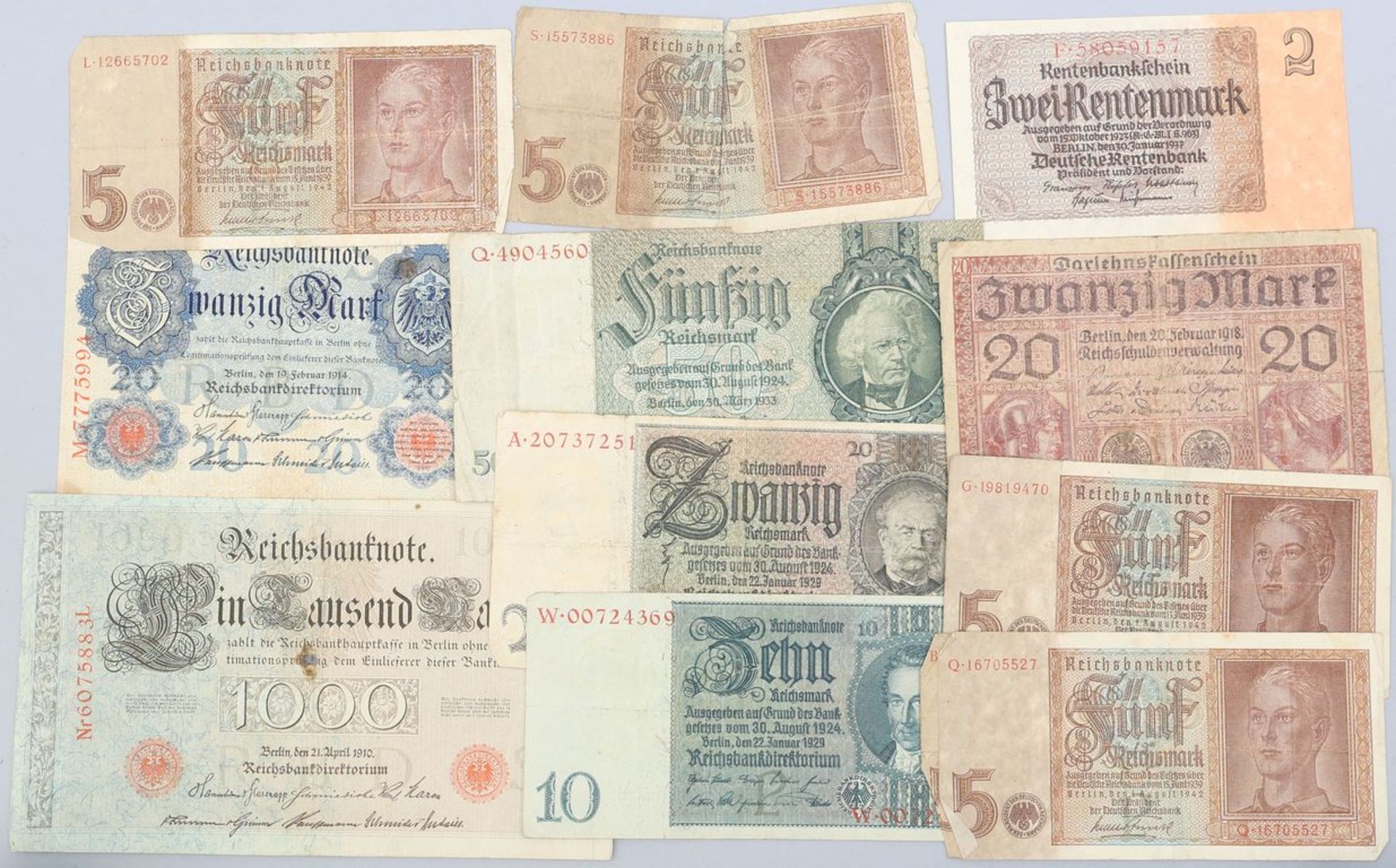 Kleiner Posten Banknoten. 5x 5-Mark (1942), 2-Rentenmark, 5 verschiedene Reichsbanknoten (vor