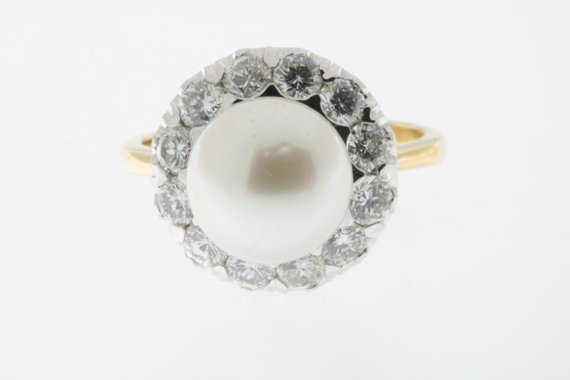 Geelgouden ring met diamant en parel - Image 2 of 3