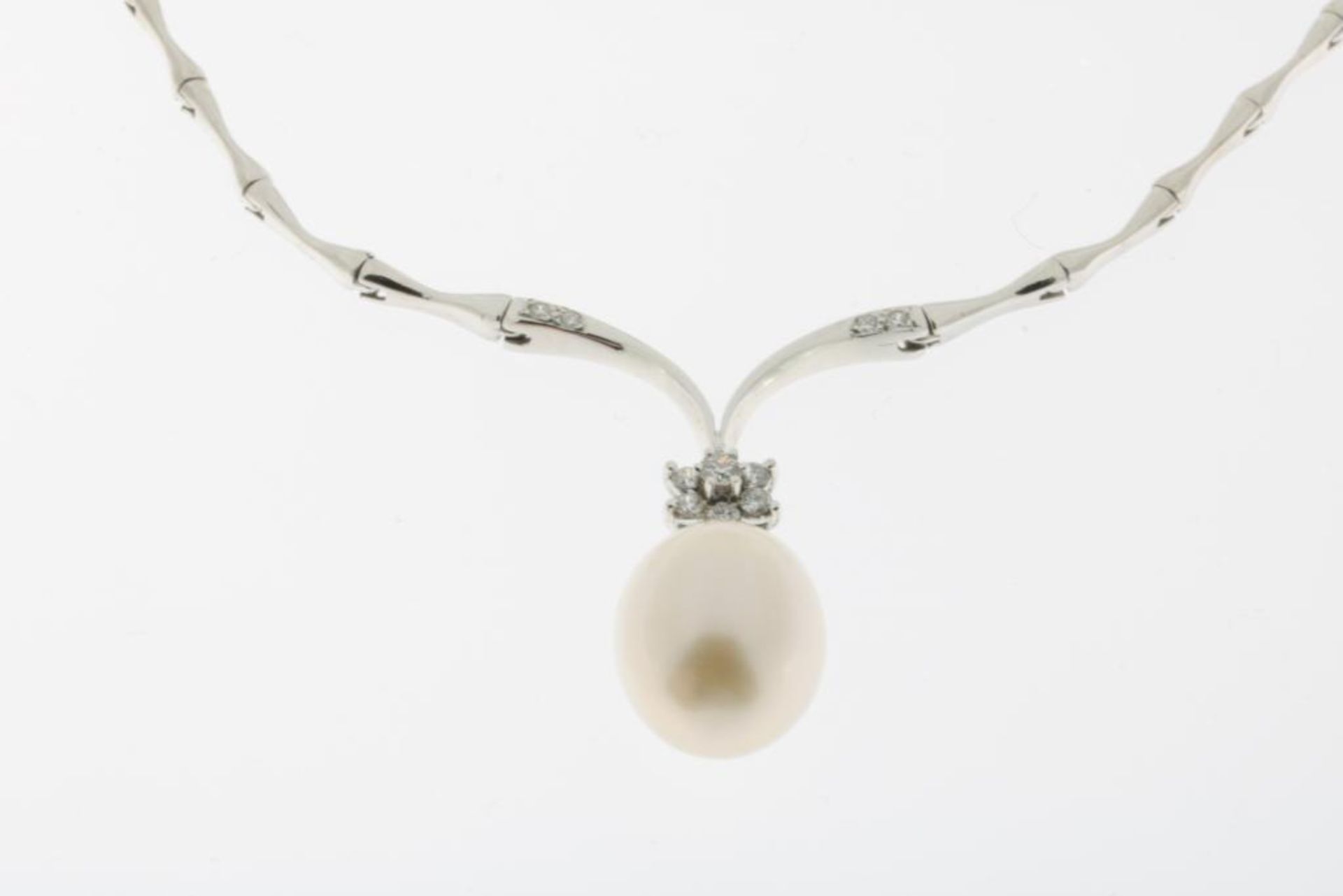 Witgouden collier met parel en diamanten - Image 3 of 3