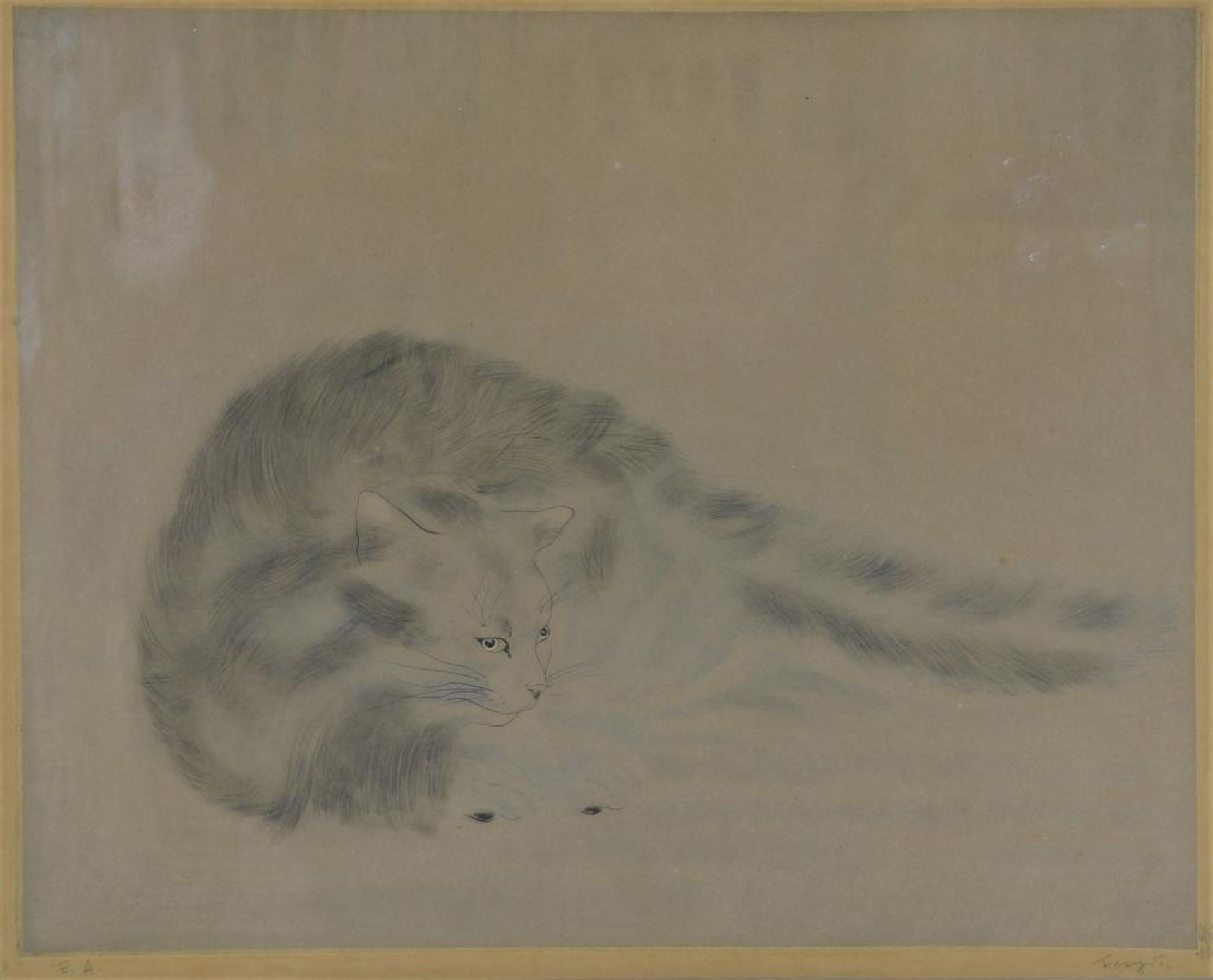 Foujita, liggende kat, ets