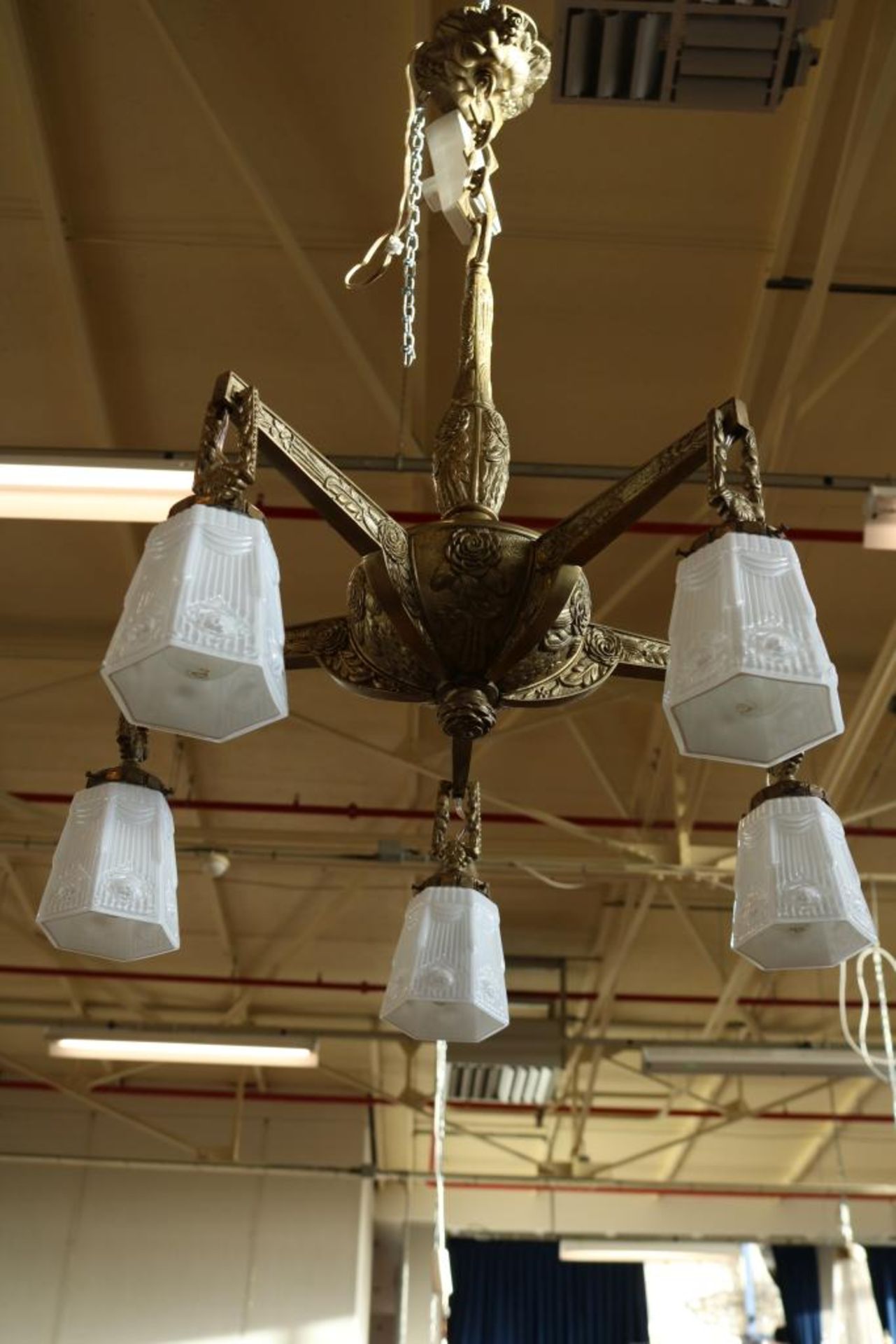 Bronzen Art Deco 5 lichts hanglamp