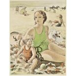 Dom, moeder en kind op strand, litho