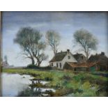 Vliet, boerderij aan water, pastel