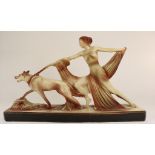 Art Deco gipsen sculptuur van lady wolf