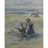 Onbekend, kinderen aan zee, aquarel