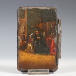 Blikken tabaksdoos met geschilderde voorstelling van twee figuren in in interieur, 19e eeuw;