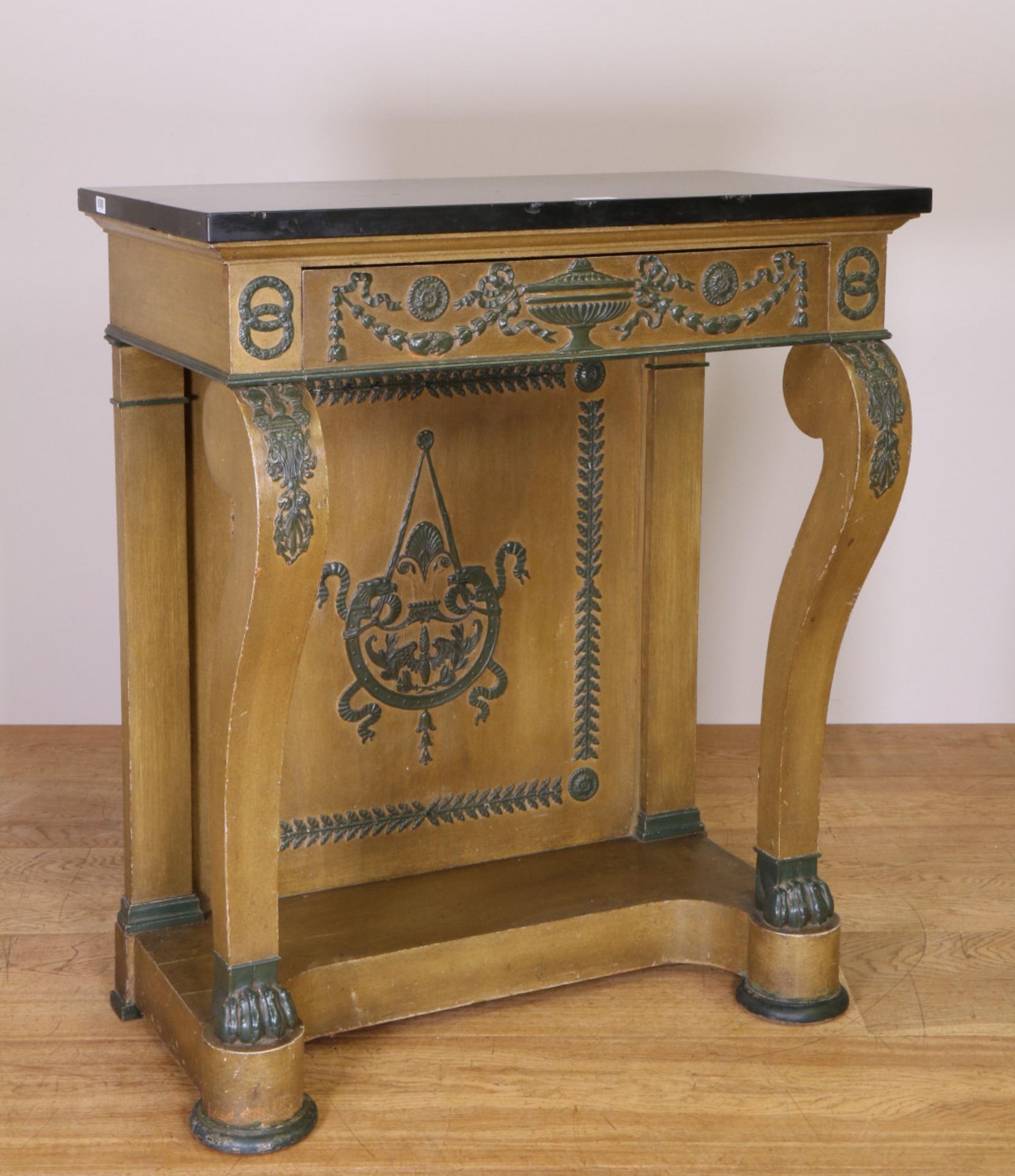 Groen gepolychromeerd houten consoletafel, Empire,