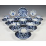 China, drie sets blauw-wit porseleinen koppen en schotels, Kangxi en later,
