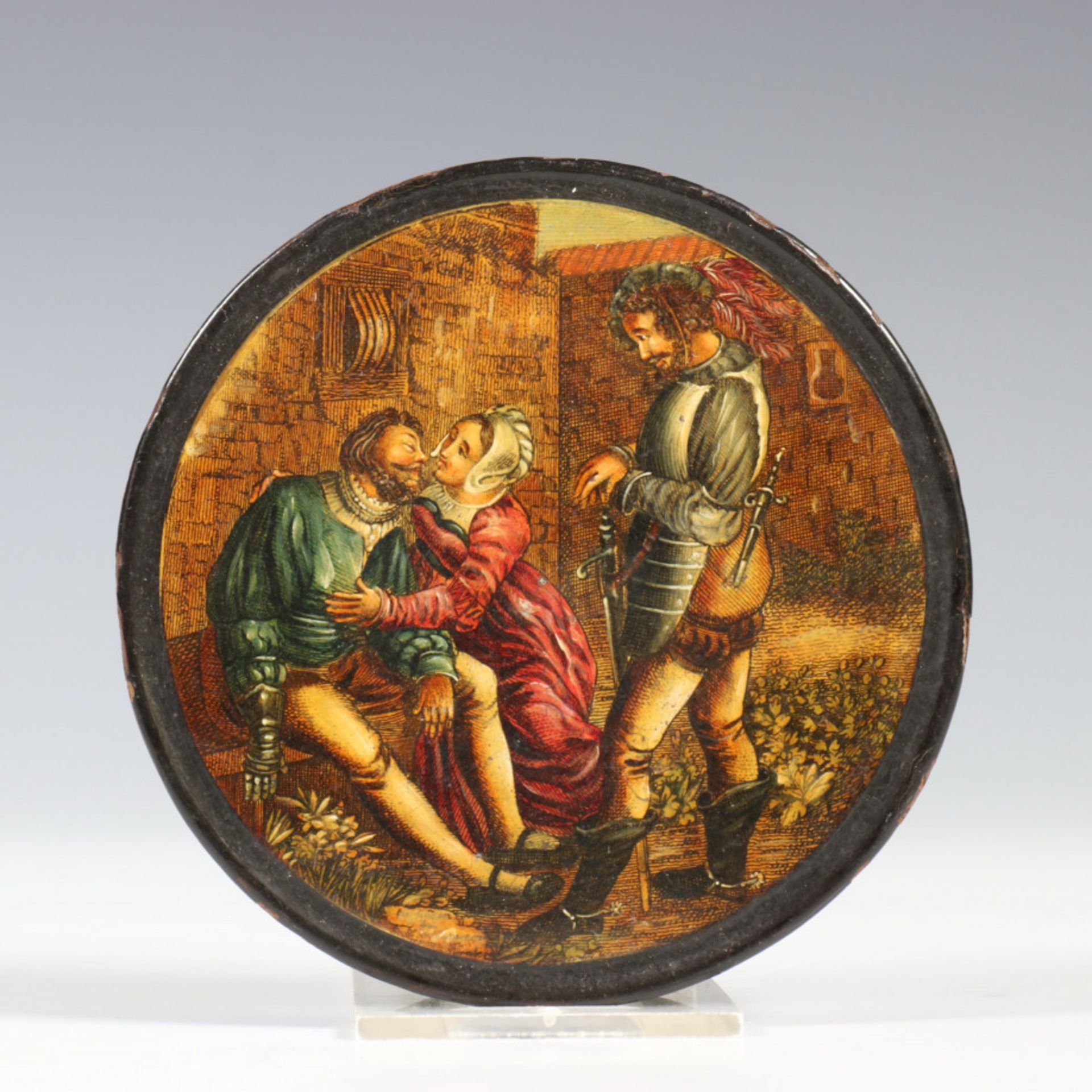 Blikken tabaksdoos met geschilderde voorstelling van twee figuren in in interieur, 19e eeuw; - Image 4 of 4