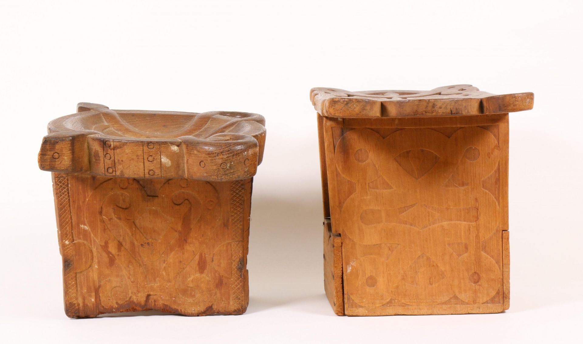 Surinam, two wooden stools with elaborate carved decorations. One with a snake winding from corner t - Image 3 of 5