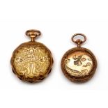 Twee 14krt. gouden damesremontoirhorloges