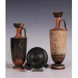 Campania, black ware oillamp and two Greek Attic lekithos vases, ca. 6th-4th century BC.