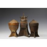 Thailand, three plaited rattan lidded baskets,