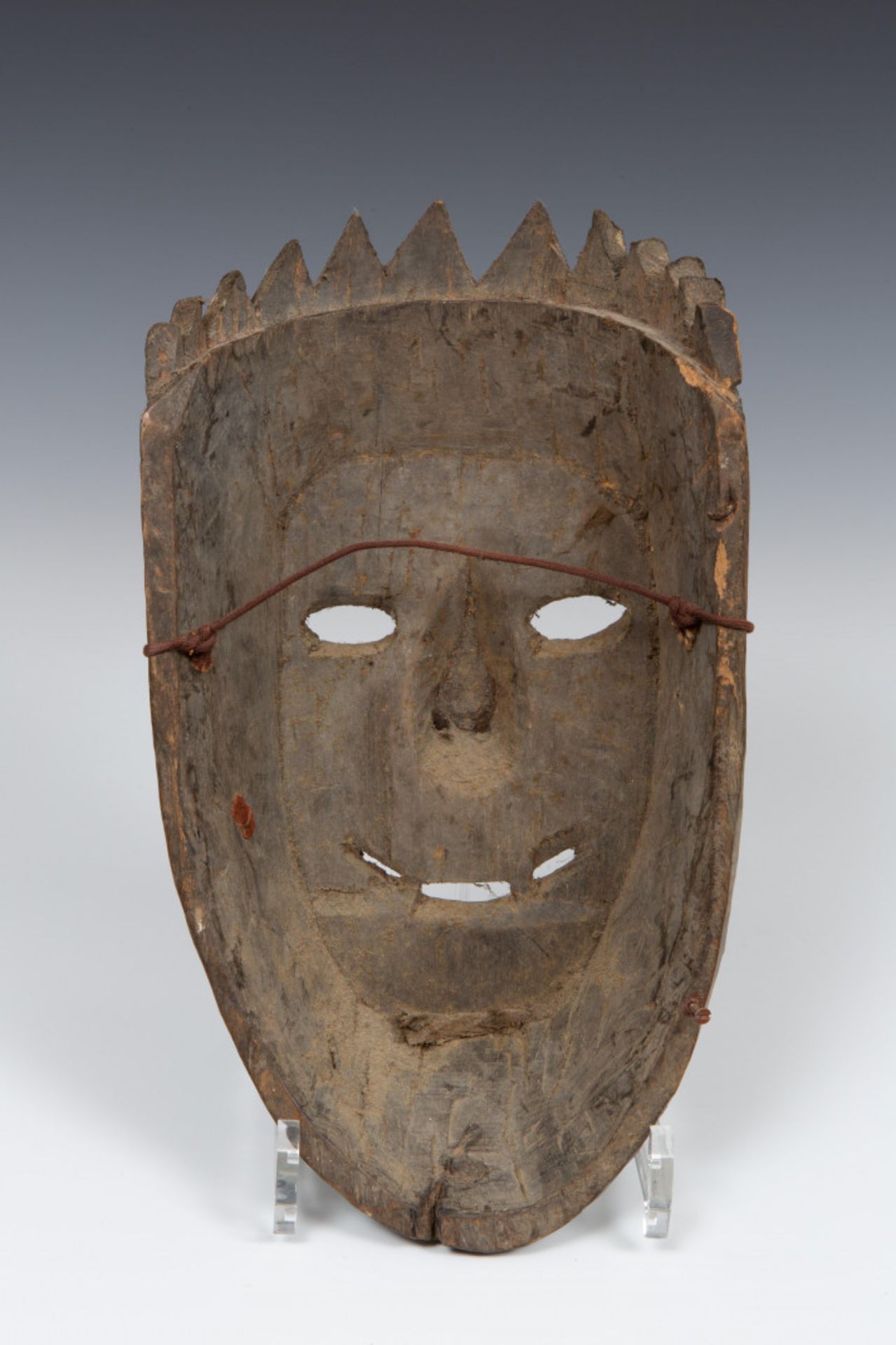 Nepal, carved wooden shaman mask with remains of lacquer seal, fangs, whiskers, goatee and crown, - Image 3 of 3