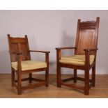 Twee eikenhouten fauteuils, een iepen- en beukenhouten Windsorstoel en beukenhouten bureau-fauteuil,
