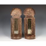 Een paar bruin gelakte blikken twee lichts wand appliques, 19e eeuw;